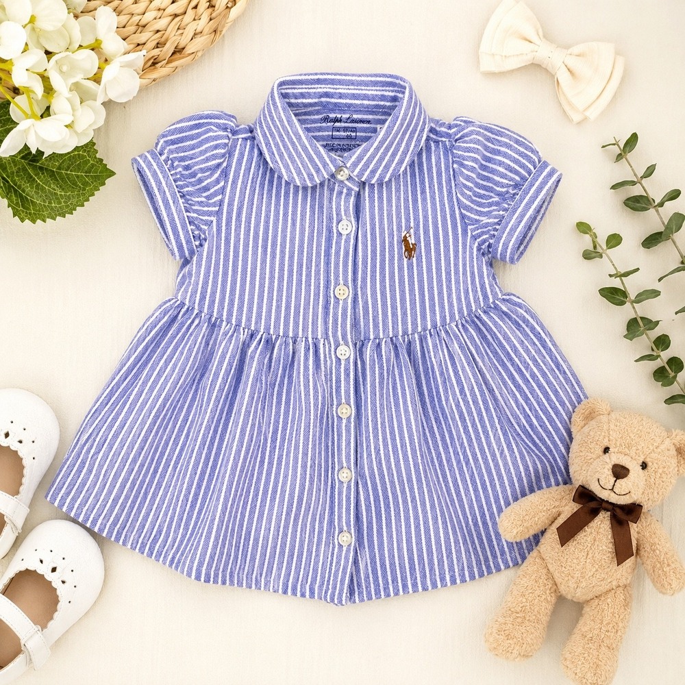 Ralph Lauren Oxford Striped Polo Dress Infant Baby Girls 3M Cotton Blue White